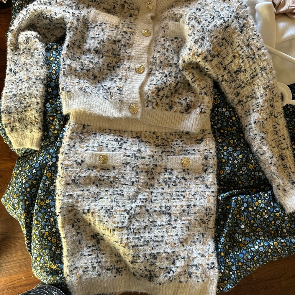 Tweed Knit Cardigan and Skirt Set